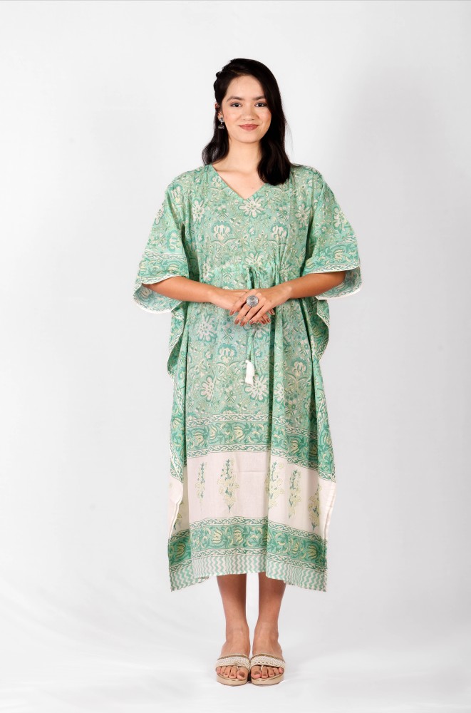 Green-White-Hand-block-printed-cotton-Kaftan