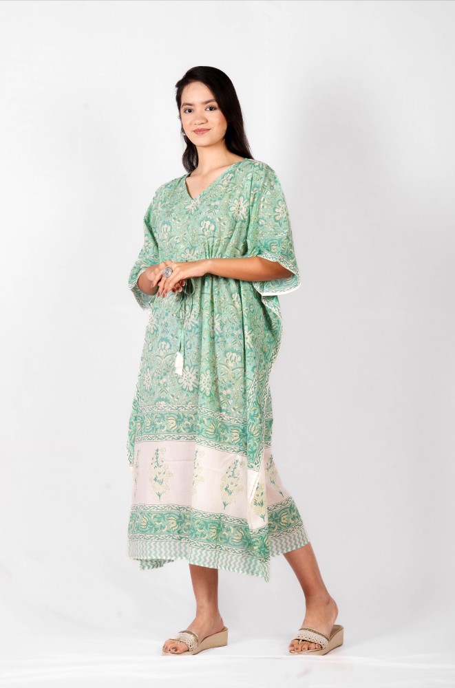 Green-White-Hand-block-printed-cotton-Kaftan1